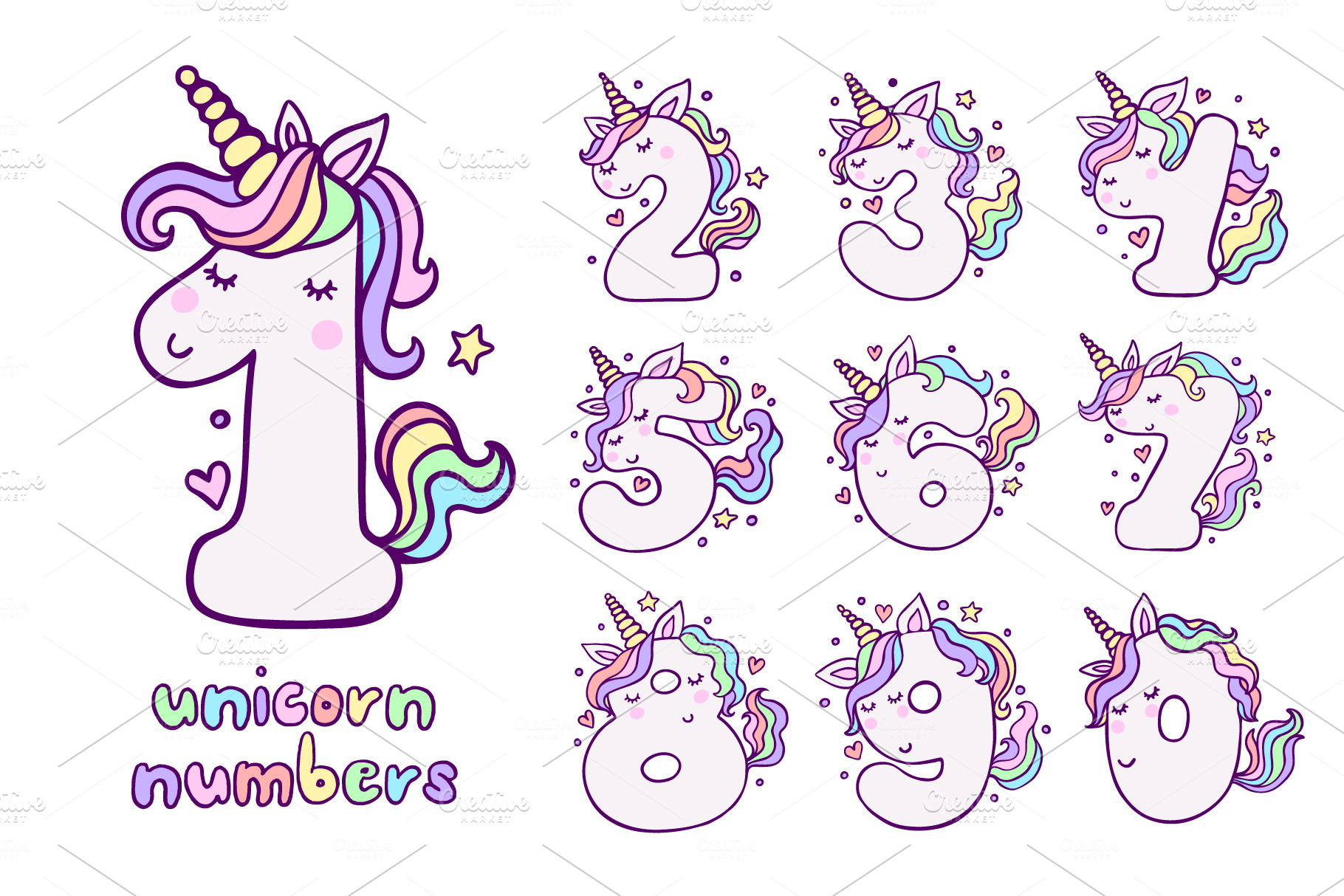 cute unicorn numbers illustrations creative market