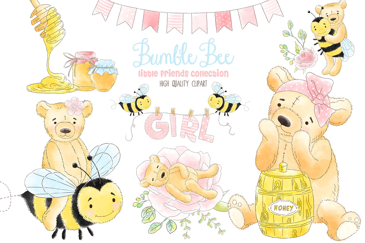 可爱手绘花卉卡通小熊蜜蜂蜂蜜PNG图集 Bee Honey Watercolor clipart插图