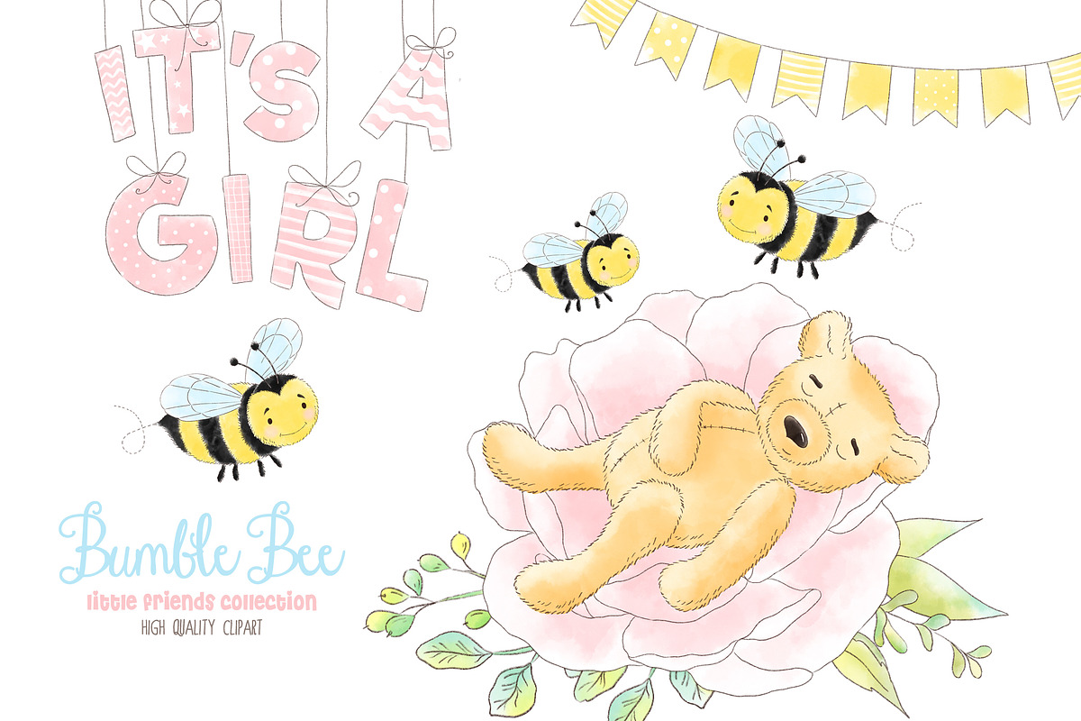可爱手绘花卉卡通小熊蜜蜂蜂蜜PNG图集 Bee Honey Watercolor clipart插图1
