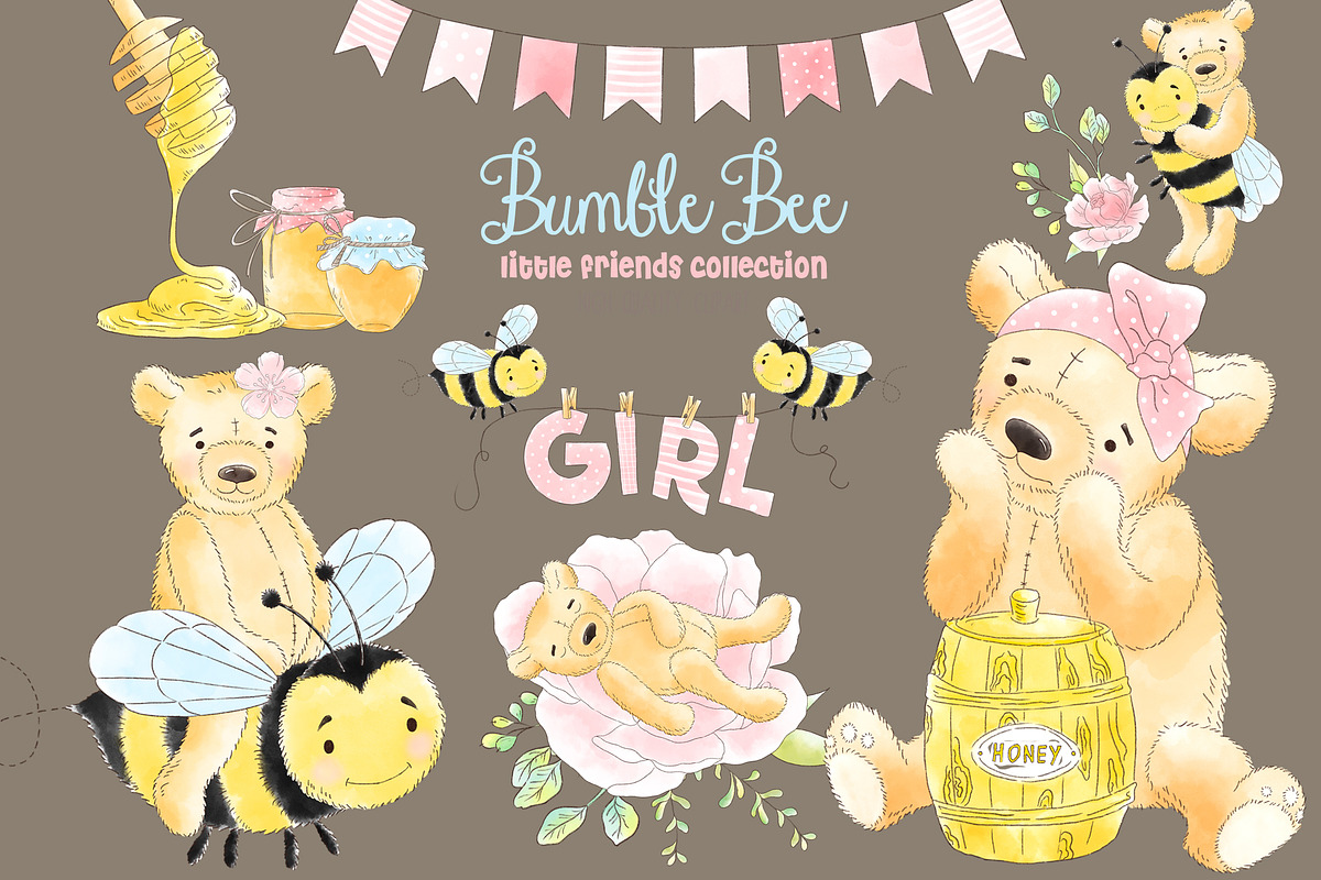 可爱手绘花卉卡通小熊蜜蜂蜂蜜PNG图集 Bee Honey Watercolor clipart插图2