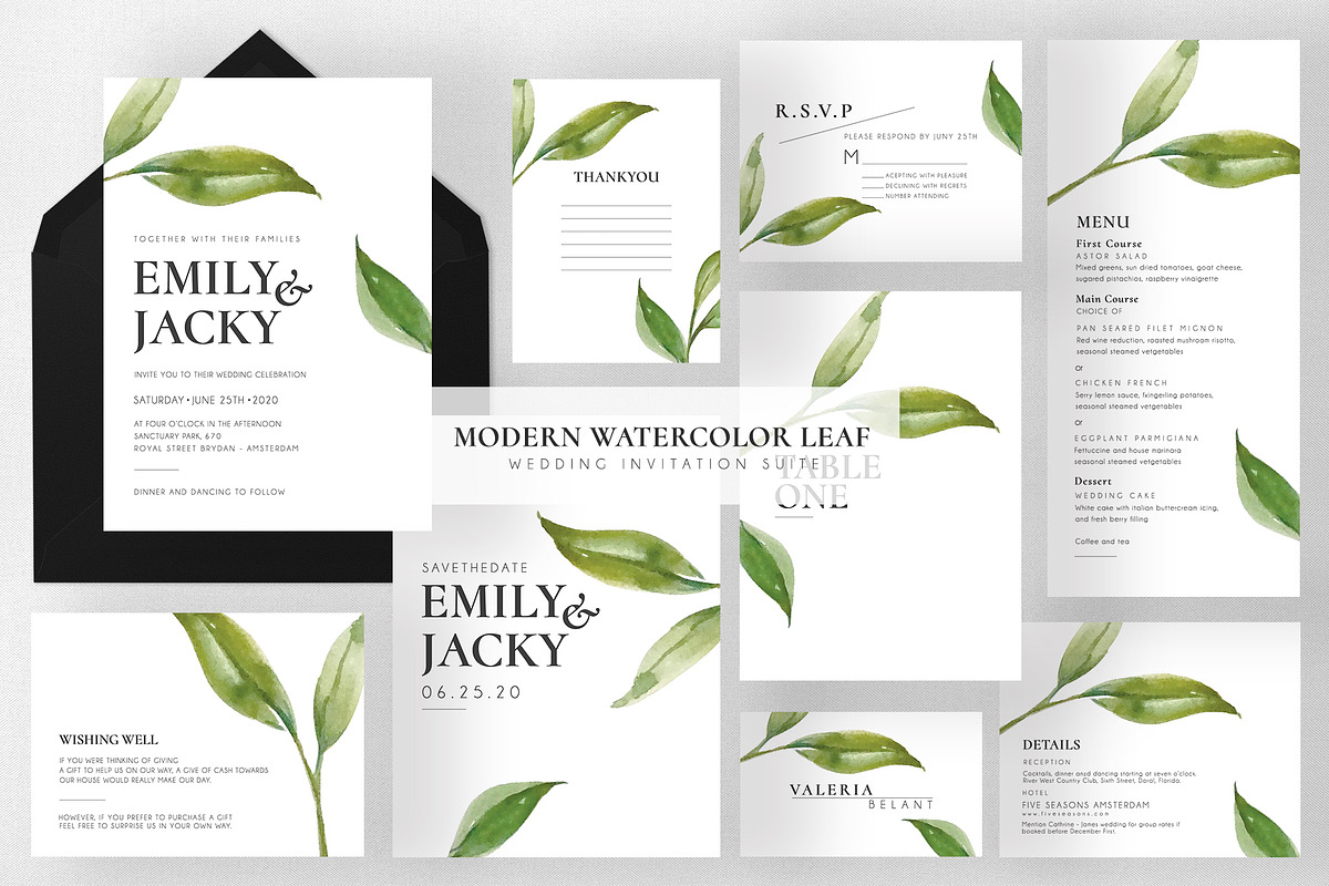 Modern Watercolor leaf Wedding Suite in Card Templates