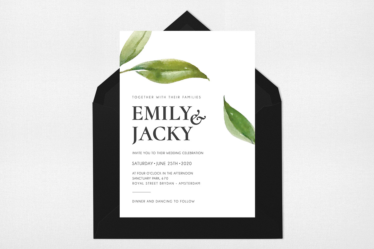 Modern Watercolor leaf Wedding Suite in Card Templates - product preview 1