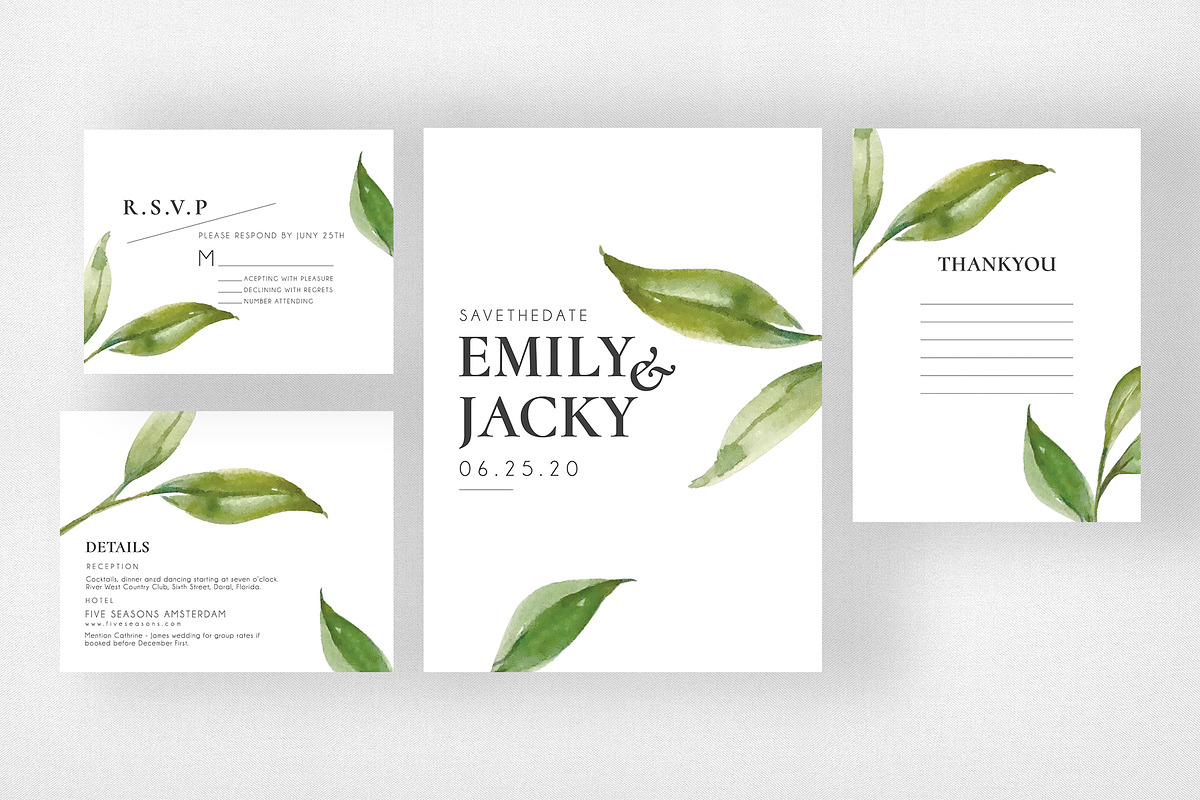Modern Watercolor leaf Wedding Suite in Card Templates - product preview 2
