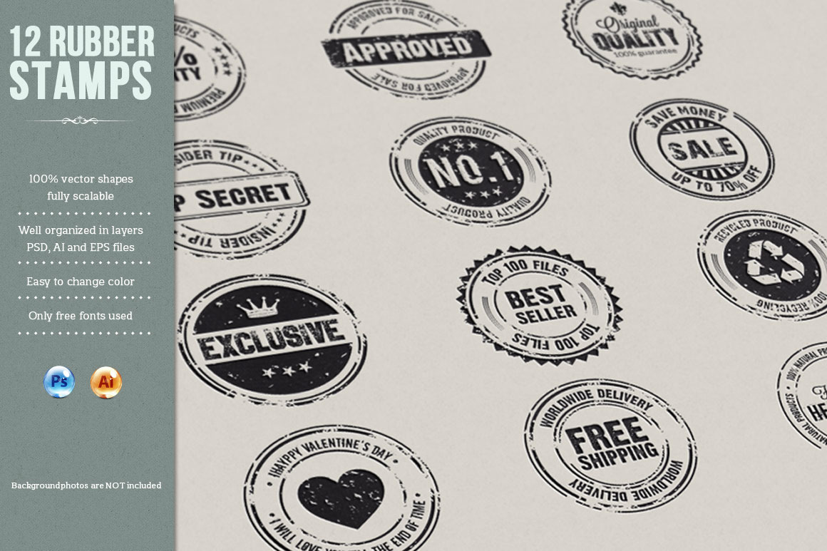 12 Rubber Stamps AI, EPS and PSD Graphic Objects Creative Market