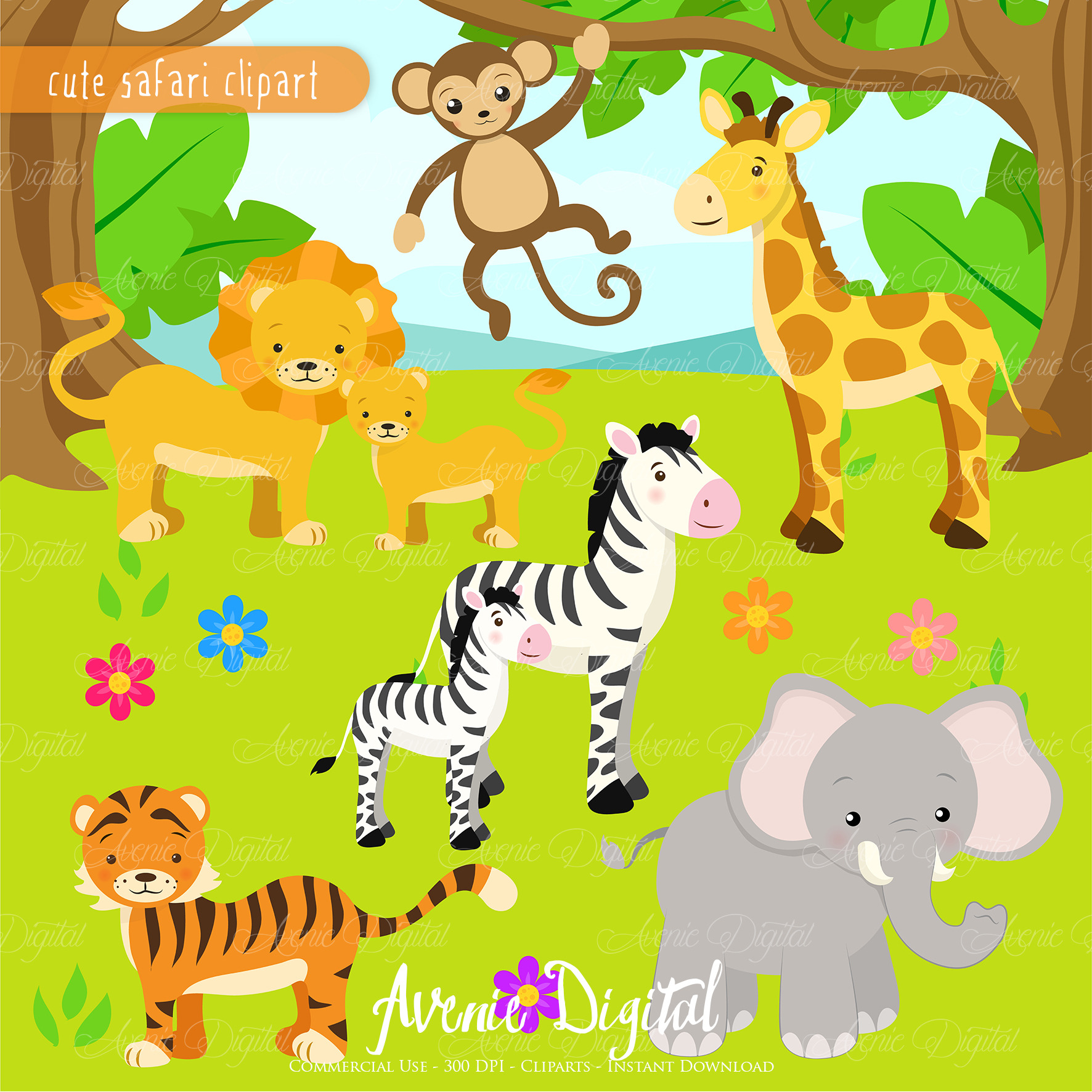 Cute Safari Animals Clipart + Vector ~ Illustrations ...