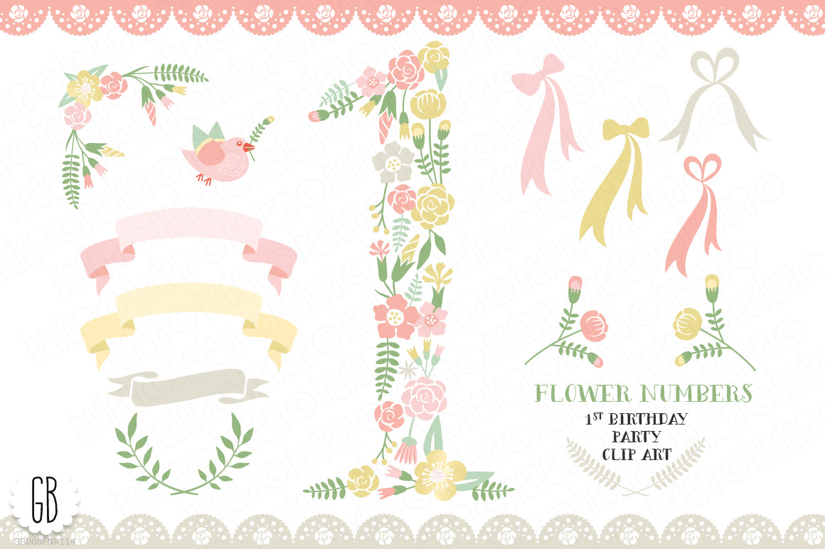 Floral Number 1st Birthday Party Illustrations Creative Market